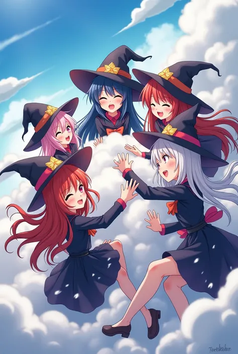 An anime-style art depicting many witches playfully wrestling with each other inside a magic comical fight cloud.
each witch has different  colored hair.
their faces,hands,and feet are visible emerging from the cloud as they tussle humorously,  with the re...