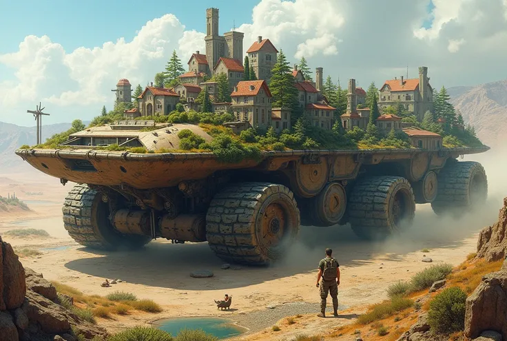 giant crawler-driven vehicle, large single-board vehicle, ((Moving towns)), The town on top of a car, ((A town through the wilderness)), Strange images, unreasonable, Stunning, huge vehicle, Moving cities, A town that drives independently, Conquer the dese...