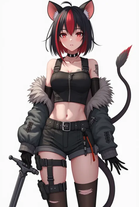 An anime woman with a dark hair that represents a short layered bob at the front with straight-cut bangs that frame the face, and a long, straight extension at the back, blending seamlessly from black to vibrant red. she has natural rat ears on the side of...