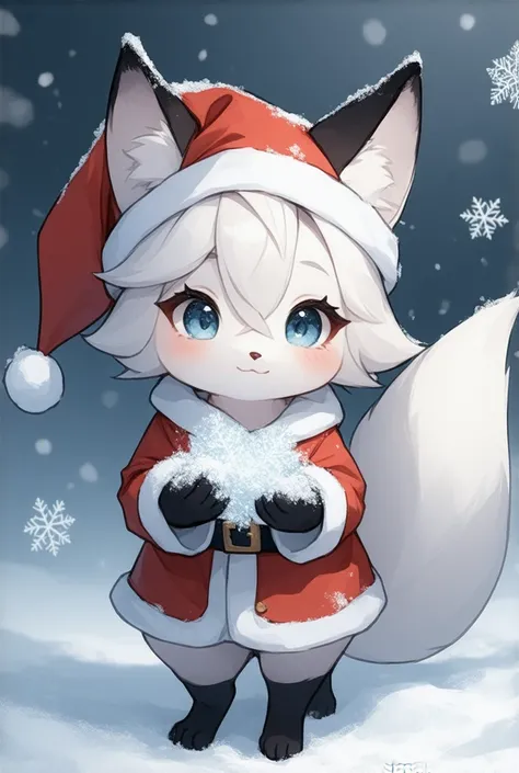   Cute cartoon fox  , white fluffy ,   gorgeous fluffy tail  ,  dressed as Santa Claus  ,   big beautiful eyes ,  long eyelashes  ,  in paws silver transparent snowflakes are fabulously beautiful, In Pixar style