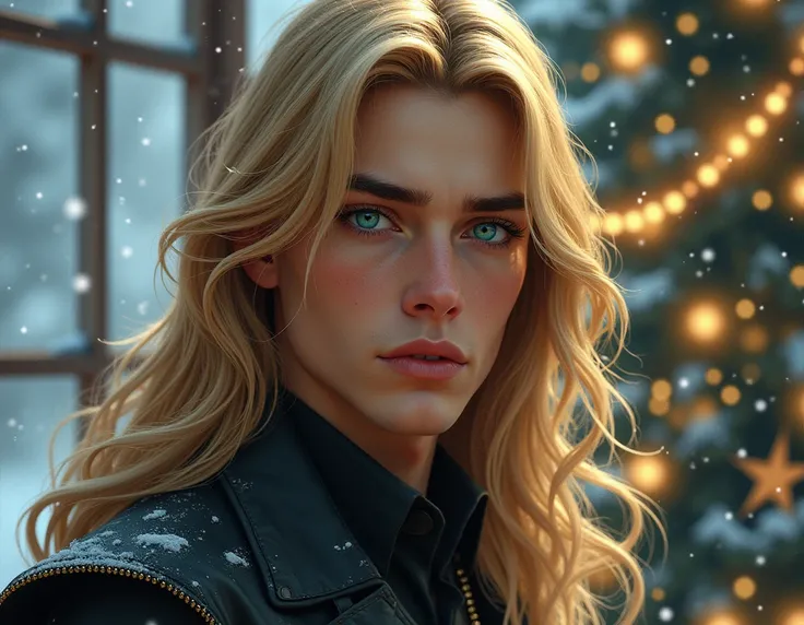 
 Highly detailed digital illustration . Frank Frazettas dynamic curves and Louis Rowes intricate details. , Serious, handsome adult ,  brave young man with very long blond hair below his shoulders,  aquamarine eyes ,  with very beautiful facial features ,...