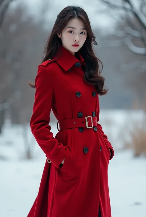  beautiful girl in a coat stands full length in winter.  red stand-up coat . knee-length coat . 