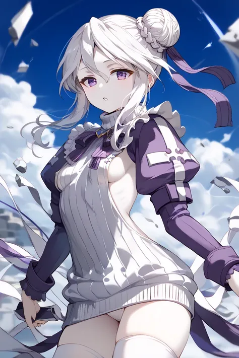 Falier , white hair, braided bun, hair bun, hair ribbon, single side bun, purple ribbon, purple eyes,((pale skin :1.6)), juliet sleeves, puffy sleeves, purple bow, ribbed dress,Small breasts,Virgin Destruction Sweater , sideboob,  Underbob ,  white panties...