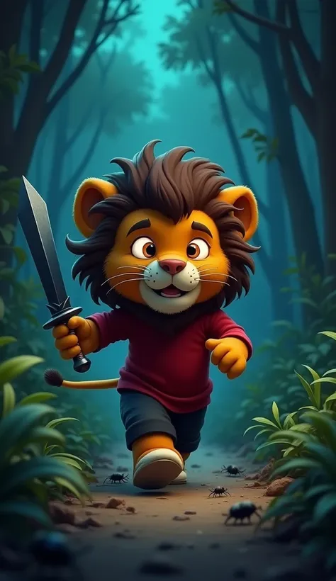 baby lion round face big expensive shining eyes where it red shirt black pant realistic large fluffy dark brown full hair dressed in a red shirt and black pants, running frantically through a dark jungle path at night, being chased by a creepy woman holdin...