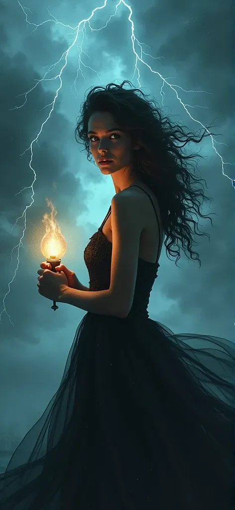 Beautiful woman in the storm, black eyes, curly hair, wearing a dress, holding a lamp