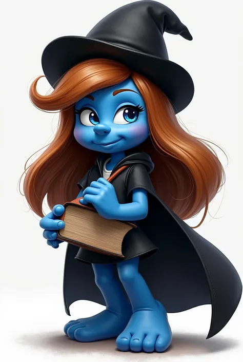 Smurfette with brown hair. She wears a black doctors hat and a small black doctors cape. She carries a very large, thick book under her arm.