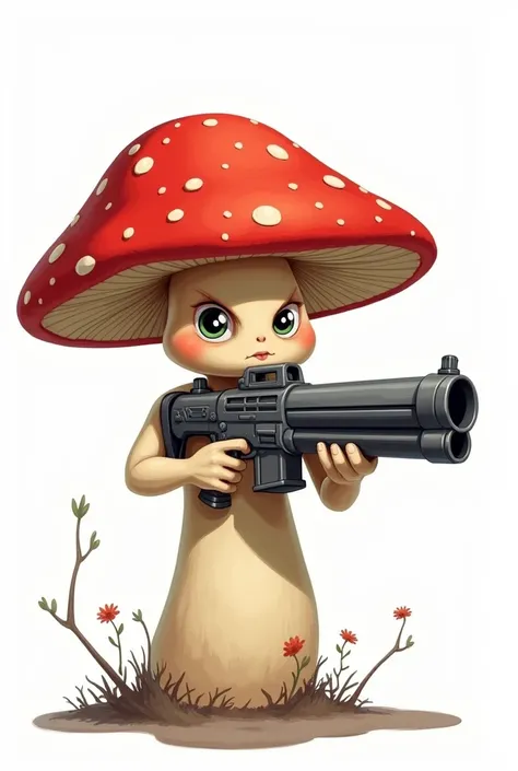 a red mushroom with a big gun, 2d digital art, white background