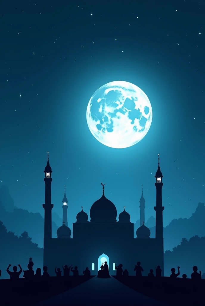 could depict a serene night sky illuminated by a bright full moon, symbolizing the 15th night of Shab-e-Barat. It could feature a mosque silhouetted against the moonlight, with people in prayer or contemplation, emphasizing themes of spirituality and intro...