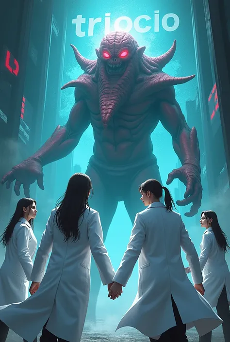 3 female doctors fighting a tyroid gland. Write “TRIOCIO” in backround