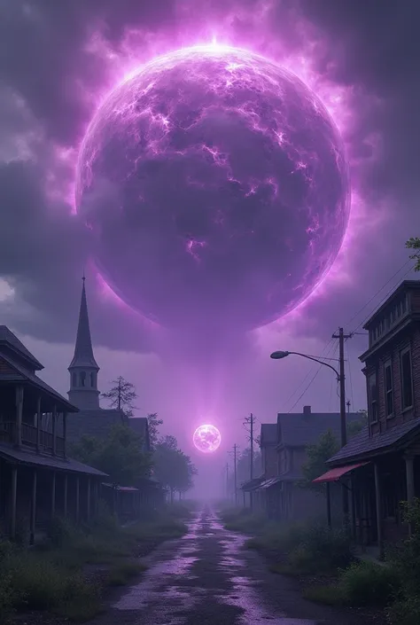 an abandoned small town with a large, huge magic sphere as a dark violet hurricane as a background