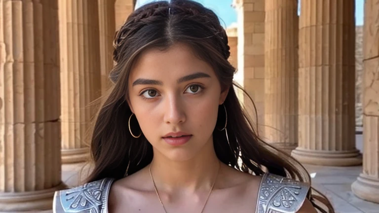 19 year old beautiful woman. Become the Greek goddess Athena in the clothes of ancient Greece, Ancient Greek buildings , close up