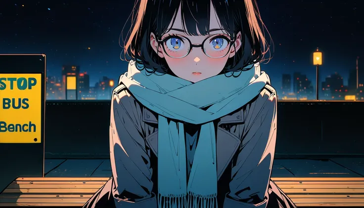 (( black hair)),((Pale Color)),masterpiece, ((( coat and scarf pulling elbows ))),Highest quality, Beautiful attention to detail, Very detailed, In detail, High resolution, Perfect Anatomy, , , Girl, (one person:1.5), alone, (Glasses), (The face is bright)...