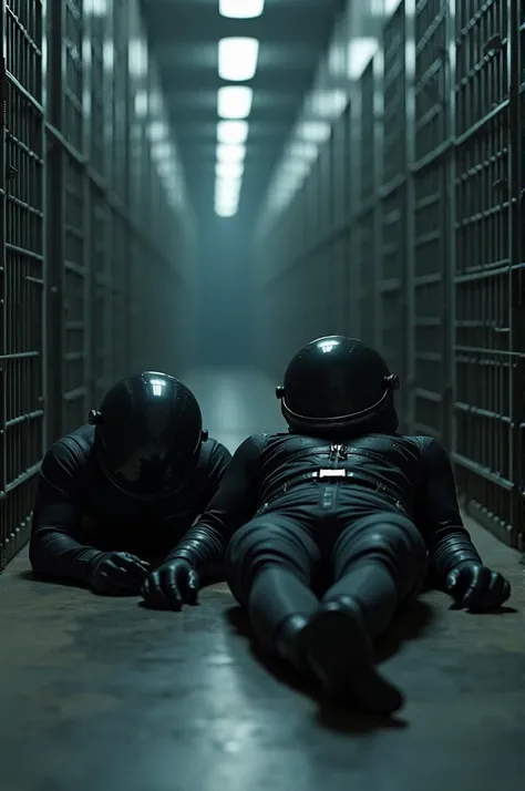  Make 2 Cyberpunk soldiers dressed in black , black helmets ,  lying on the ground as if they had fainted in a corridor filled with cells with reinforced grids,  In a dimly lit corridor .