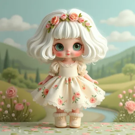 3d rendering, A whimsical, like doll, probably a pre-teen, with exaggerated fluffy white, wavy, voluminous hair adorned with a delicate floral headband. The dolls face is expressive, with rosy cheeks, large, innocent and gentle emerald green eyes, and a ge...