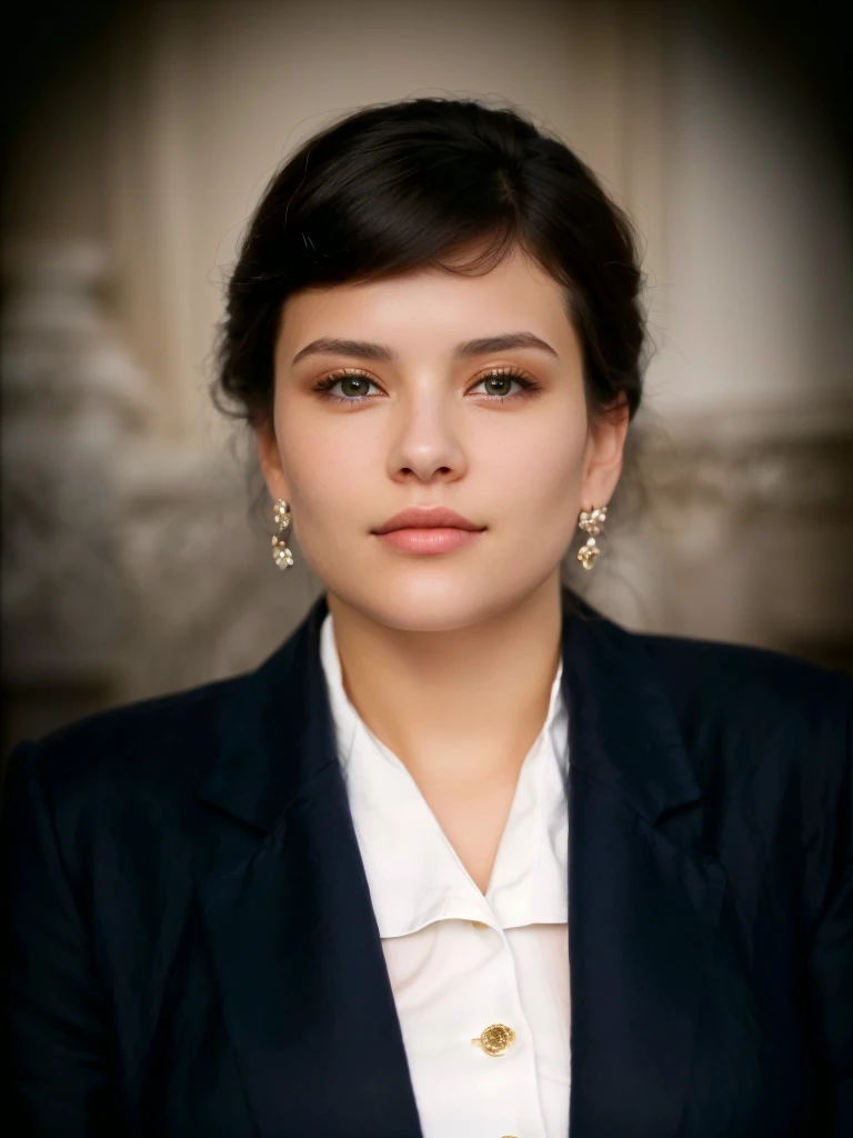 woman with a dark blue cloth jacket and white shirt posing for a photo, brown eyes, excellent detail of the clothing material, facial features identical to the original photo