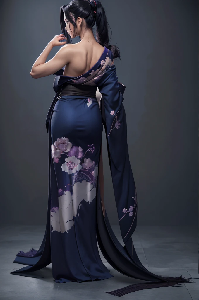 woman, beautiful, ((very long kimono)), dark blue color, ((thick material)), high octane render, 8k, sharp picture, ((((semi-back view)))), dark purple hair, pony tail hair style, left hand holding a samurai, ((full body view)), (((nude shoulder))), (((sex...