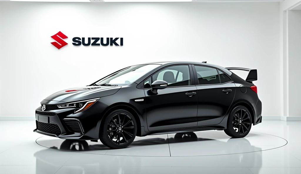 A full attractive hd photo of new 2025 Suzuki Corola Vxr black color of exterior and white shiny showroom background logo on the wall. A car with side of vehicle 
