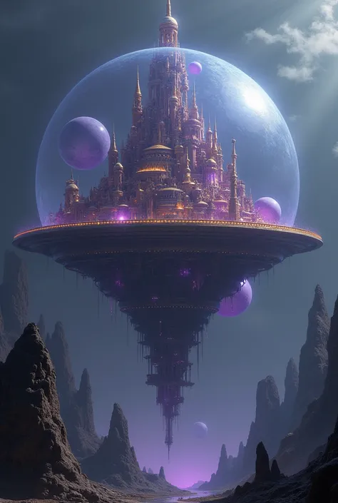   An ancient city in a sphere against a background of emptiness, purplet spheres .