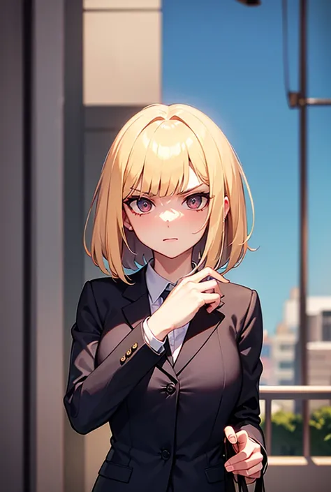  one adult female , Glaring Dark Eyes  , Blonde Bob Hair , A cool woman in a suit , masterpiece