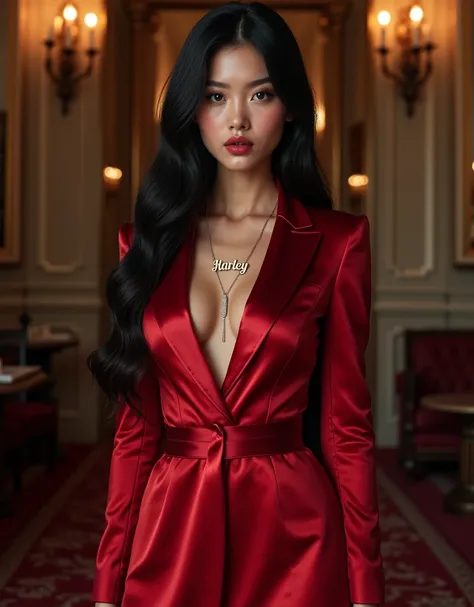 generate a beautiful girl wearing a classy royal silk red dress with toxido aethetic outfit, with necklace name harley,her hair is color black long and straight standing