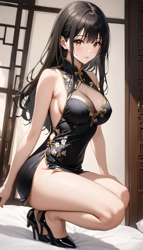  top quality 、  unity 8K wallpaper 、32K、masterpiece、  super high res、 Highly detailed faces、  RAW photos 、 perfect style、Ultra-detailed painting、(Beautiful breasts、Slightly Smaller Breasts :1.3)、 Female 1 person 、Shiny Long China Dress ,  Shiny Silk Fabric...