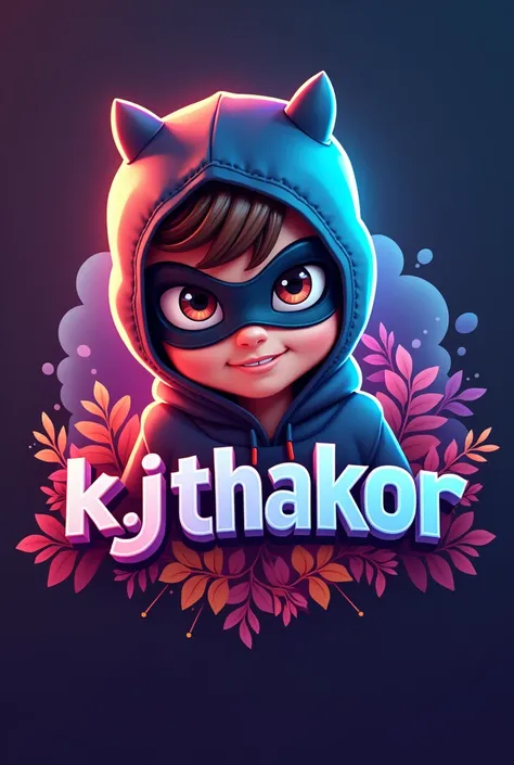 Make a Logo For Gaming Channel , with masked boy and Write a Text " K j Thakor " in 3d disney style 