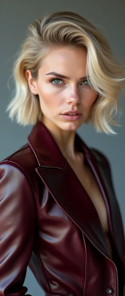 A high-fashion close-up portrait of a woman exuding confidence and elegance. She is wearing a sleek, deep burgundy patent leather jacket with a subtle quilted texture that reflects the light, creating a luxurious and modern vibe. Her short blonde hair is s...