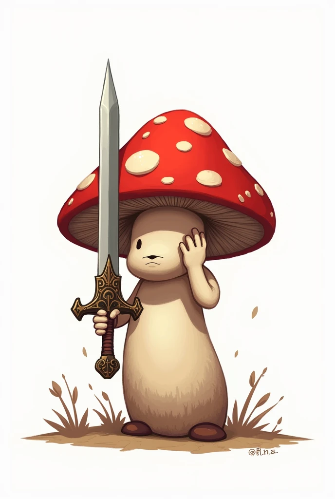 a red mushroom with sword and crying, 2d digital art, white background