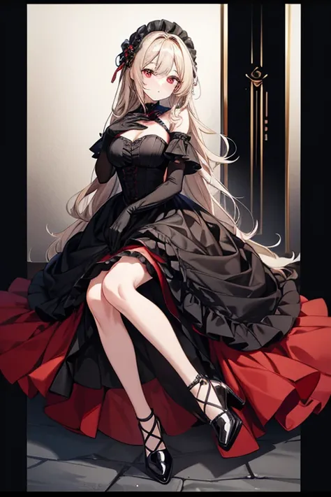  red eyes,  black ruffle dress,  black border on dress , black gloves and shoes ,  wave hair,  grayish blonde hair color 、 cowboy shot,  black dress