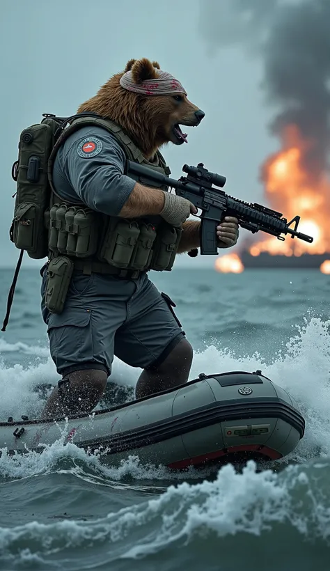 A colossal soldier with the head of a grizzly bear stands in an inflatable boat facing choppy waves in the middle of a rough sea. His waterproof uniform is dark gray, with a tactical vest full of ammunition and grenades. He holds an automatic rifle with a ...