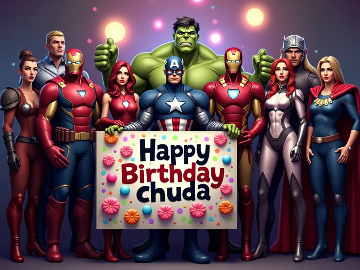 A group of Marvel Avengers together hold a sign."birthday chuda"