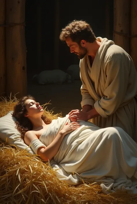 A woman named Maria de Jesus , Lying with a newborn wrapped in white cloths in a stable where there were many straws and her husband was happy next to the manger where there were many straws