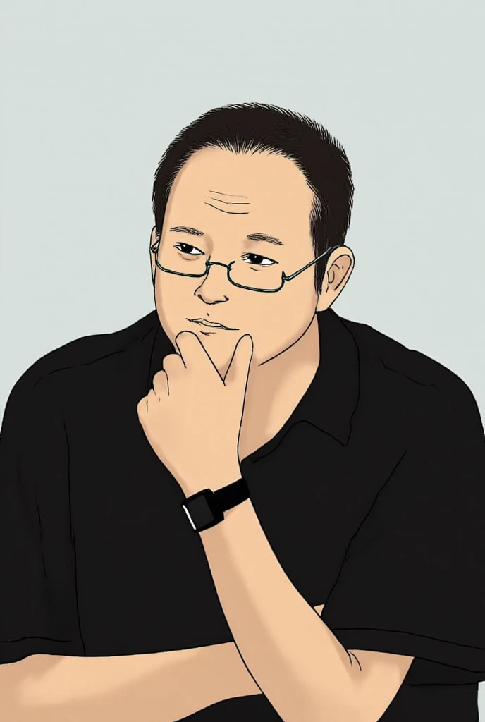  anime manga middle-aged Asian male，front， with short black hair wearing a black polo shirt，Frameless glasses，Round Face，Wisdom，Background solid color。