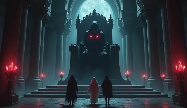 Inside a grand hall filled with dark energy, Umbra, a shadowy figure with glowing red eyes, sits on a tall, menacing throne. The camera pans across Barbie and her friends standing fearlessly as Umbra taunts them."