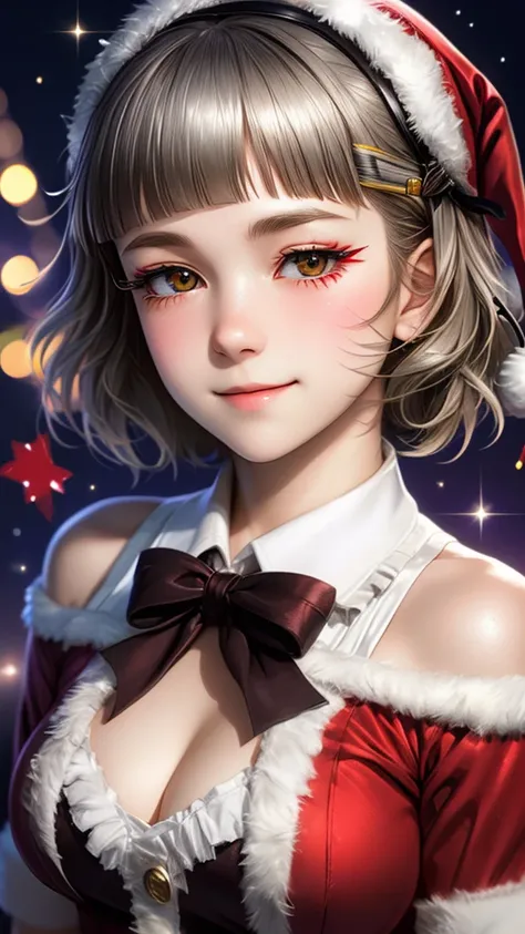 (((solo))), 1 woman, Sakuya Kurobane, sakuyaunif, kurobane_sakuya, (brown eyes), short hair, grey hair, black hairband, blue hair flower, red eyeliner, blush, smile, beautiful chest, medium chest, (upper body), santa claus