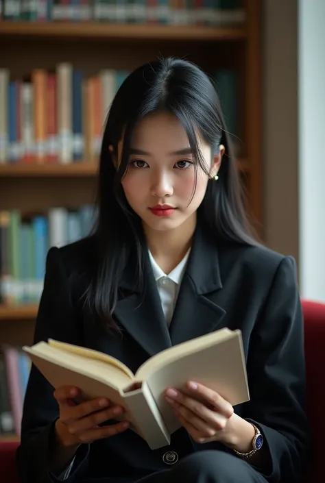 A beautiful girl 20yo, with straight black hair wearing indonesian senior high school, sits in the school library reading a book, realistic photo, 