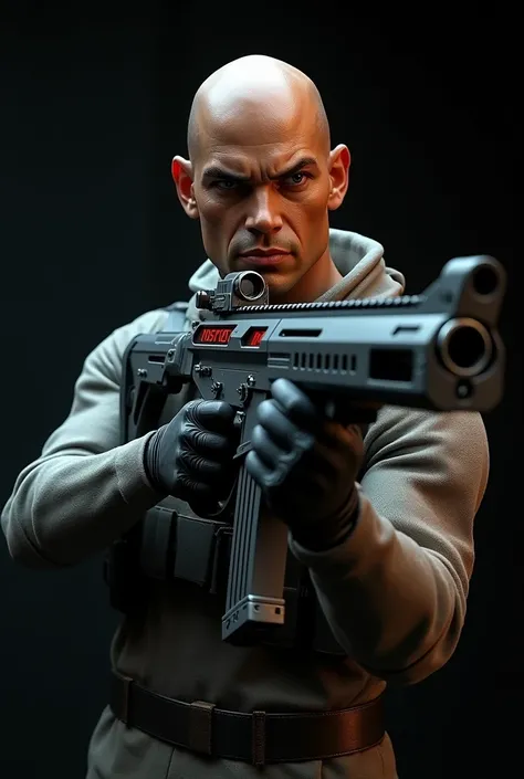 "a Latino man, bald and brown-eyed ,  in combat position,  holding firmly a futuristic M41A Pulse Rifle .  The character is positioned laterally ,  but with the torso slightly turned forward ,  directly facing the line of fire with a serious and focused ex...