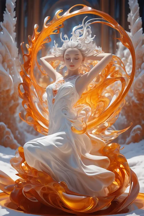 fractal sculpture, metamorphic marble girls, surrealism, snow-white and neon amber tones, snow-glossy background in the background, 5d, professional photo, 15 mm, f/2.8, 1/500 s, iso2000, UltraHD, Moves gracefully and smoothly, hands rise and fall, as if p...