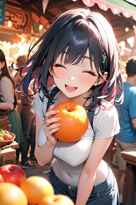 1 girl, (cute face), teenager, various hairstyles, (cheerful expression), (laughing joyfully), large breasts, slim, (wearing fantasy game style rogue outfit), short sleeve, (porcelain skin),  
BREAK  
Bustling marketplace, colorful stalls, (playfully steal...