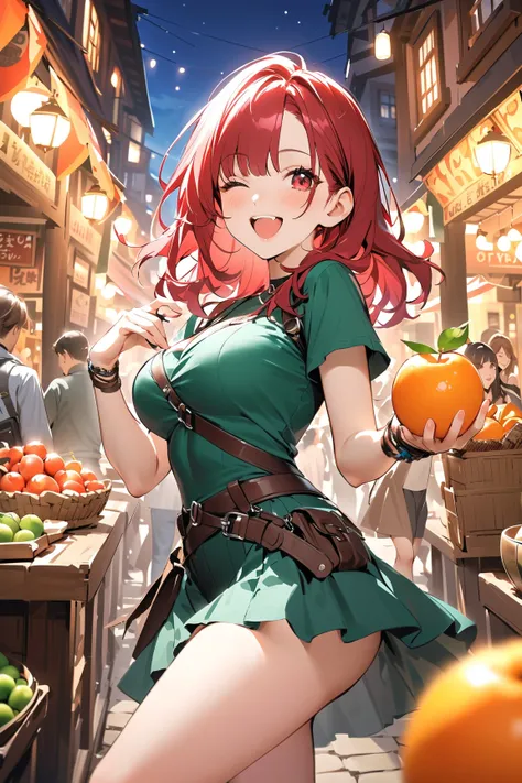 1 girl, (cute face), teenager, various hairstyles, (cheerful expression), (laughing joyfully), large breasts, slim, (wearing fantasy game style rogue outfit), short sleeve, (porcelain skin),  
BREAK  
Bustling marketplace, colorful stalls, (playfully steal...