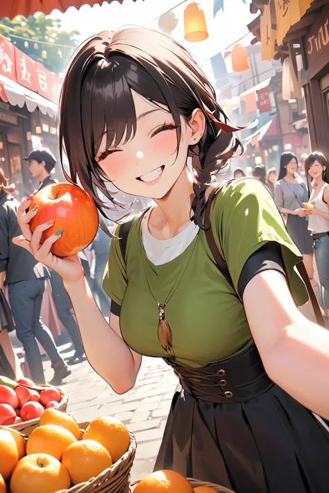 1 girl, (cute face), teenager, various hairstyles, (cheerful expression), (laughing joyfully), large breasts, slim, (wearing fantasy game style rogue outfit), short sleeve, (porcelain skin),  
BREAK  
Bustling marketplace, colorful stalls, (playfully steal...