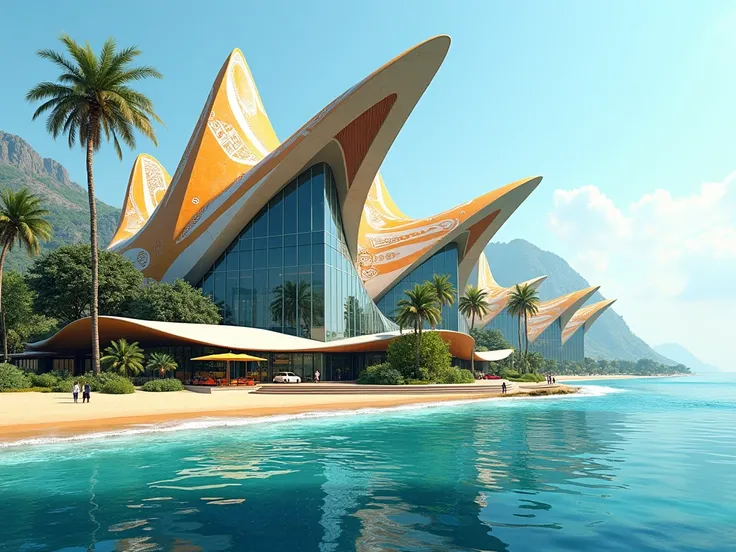  draw me a city with ultramodern aerodynamic buildings integrating patterns, African colors and shapes , At the edge of the sea,  representing a magnificent landscape with a tropical African atmosphere , The weather is mild .