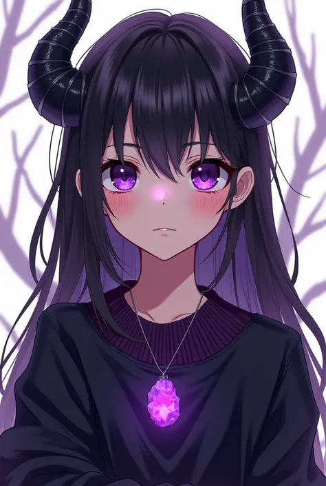 A girl with back horns and black and Purple.
Sweater and a purple pendent anime style 