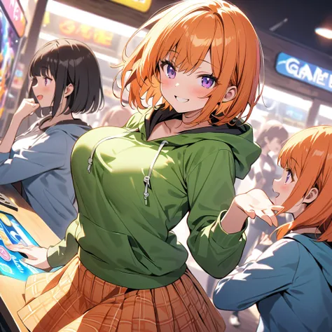  One Girl 、 green hooded hoodie、 one curl bob cut,  top quality 、Orange Hair、 purple eyes、smile、Big Breasts、 Game Center,  orange check skirt, DANCE GAME ,