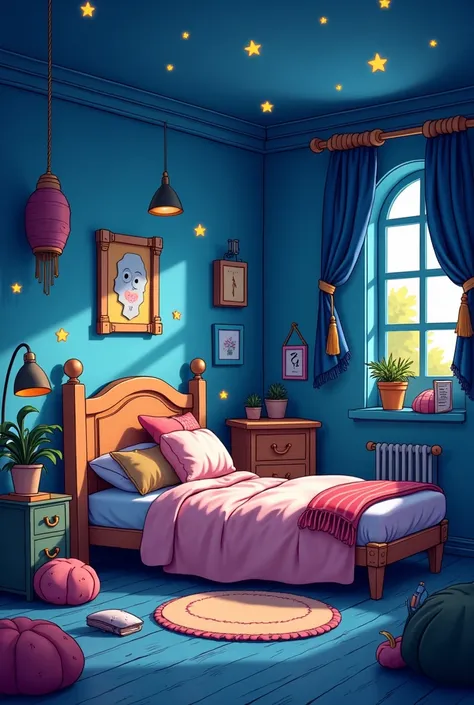 A cartoony bedroom with dak blue light