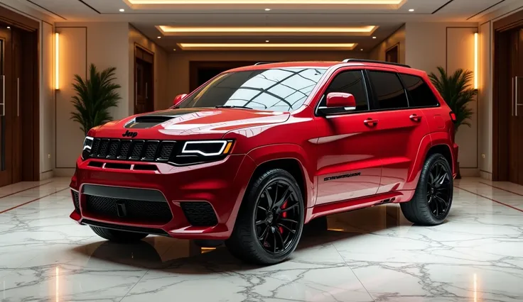 Realistic of futuristic 2025 Jeep Grand Cherokee 4xe
 With modification, good looking, neat  red color, front side angle view, inside a luxury showroom