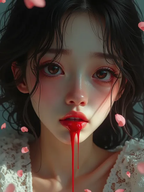 a bleeding heart, beautiful detailed eyes, beautiful detailed lips, extremely detailed eyes and face, long eyelashes, delicate young woman, emotional expression, tears in eyes, petals falling, soft lighting, cinematic, muted colors, dramatic lighting, digi...