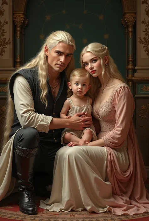 Daemon Targaryen ( with violet eyes and platinum blonde hair), a beautiful young girl ( with platinum blonde hair and purple eyes)  both kneeling and hugging their son, a sweet  boy (with platinum blonde hair with golden highlights and violet eyes) 