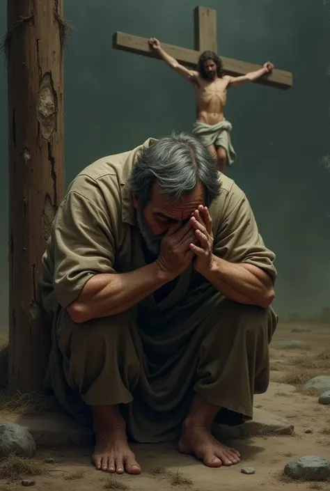 A sad man crying very hard near the jesus Christ cross.
