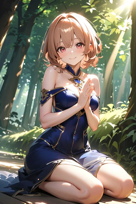 1 girl, (cute face), teenager, various hairstyles, (serene expression), (smiling softly), medium breasts, slim, (wearing fantasy game style priestess gown), floor length, (porcelain skin),  
BREAK  
Sacred grove, sunlight filtering through trees, (kneeling...